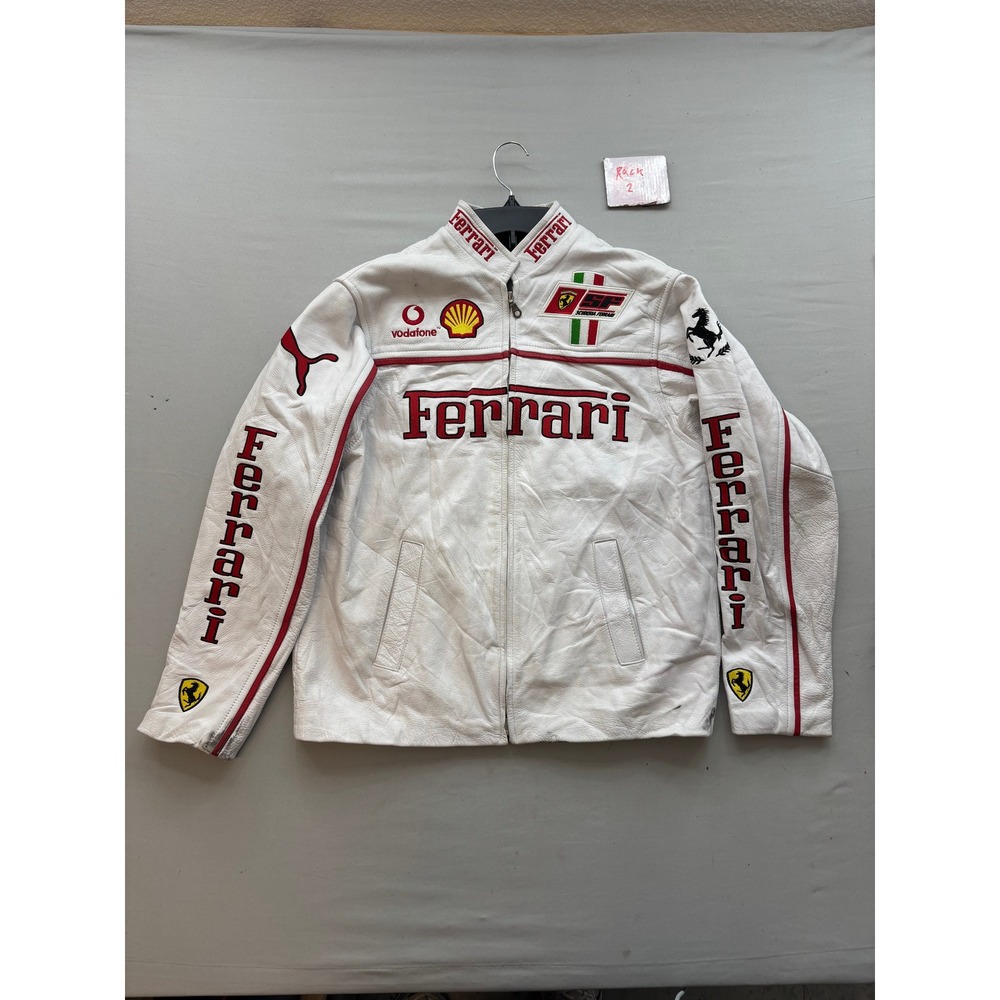 Ferrari Racing Jacket Mens Medium White Genuine Leather F1 Sponsor Embroidered